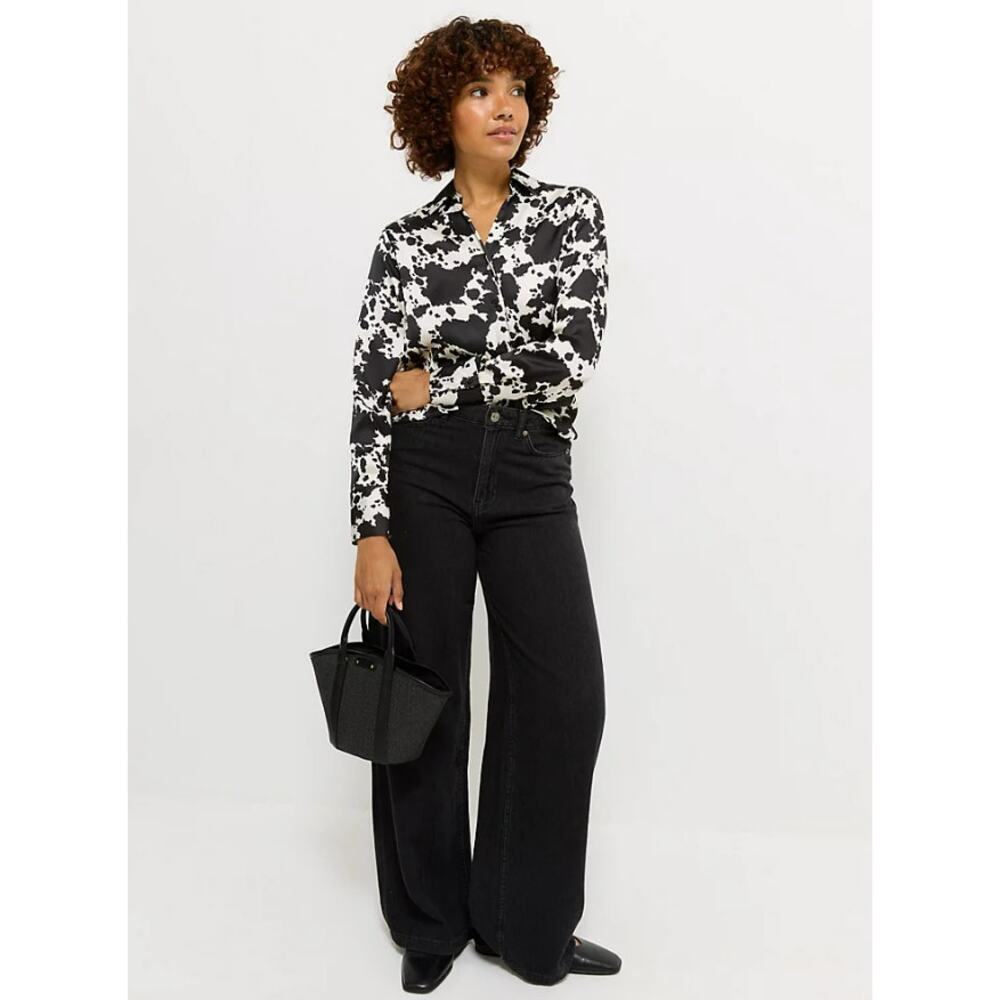 Ariat Real Cow Print Western Button Shirt Long Sleeve Black White Women Large